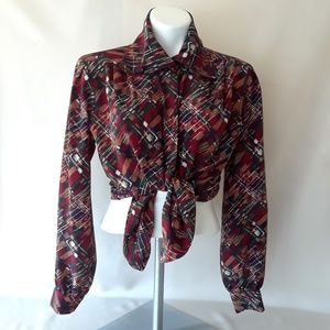 Vintage 1980s Multicolored Abstract Mock Neck Button Down Blouse